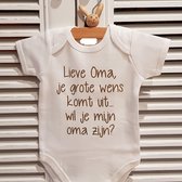 Baby Rompertje met tekst bekendmaking zwangerschap aankondiging - announcement lieve oma je grote wens komt uit wil jij mijn oma zijn ? | korte mouw | wit goud | maat 50-56|  Cadeau voor de liefste aanstaande oma