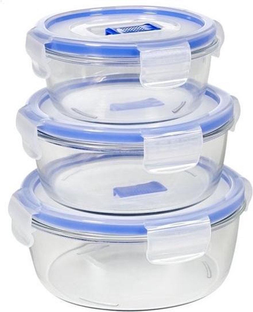3x Glazen voorraad/vershoud bakjes rond transparant/blauw - Voedsel bewaar bakjes - Mealprep – Lunchbox