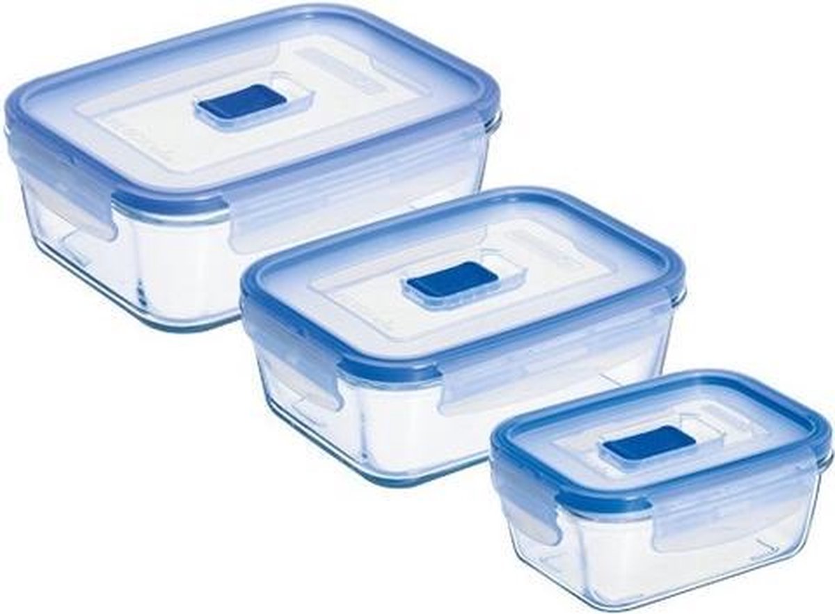 3x Glazen voorraad/vershoud bakjes rechthoekig transparant/blauw - Voedsel bewaar bakjes - Mealprep – Lunchbox
