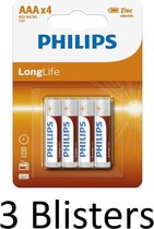 12 Stuks (3 Blisters a 4 st) Philips longlife AAA Batterijen