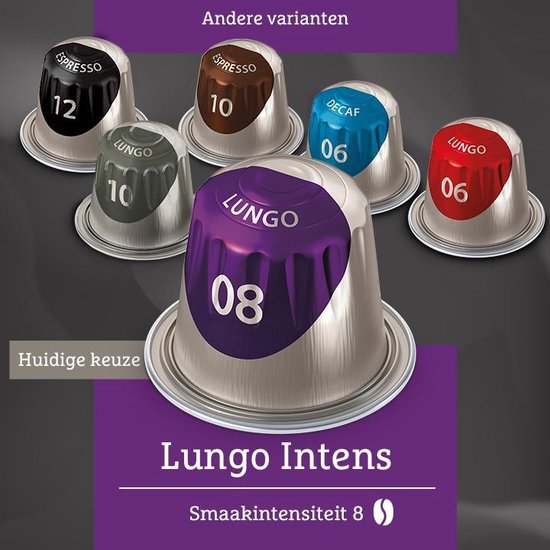 Set van zes Douwe Egberts koffiecups in verschillende kleuren en intensiteiten, waaronder Lungo Intens 8.