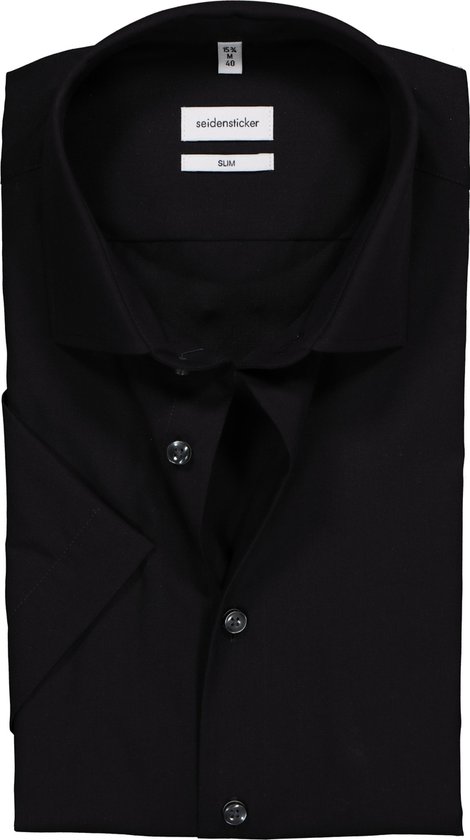 Seidensticker Slim Fit overhemd korte mouw - zwart Fil e Fil - boordmaat 39