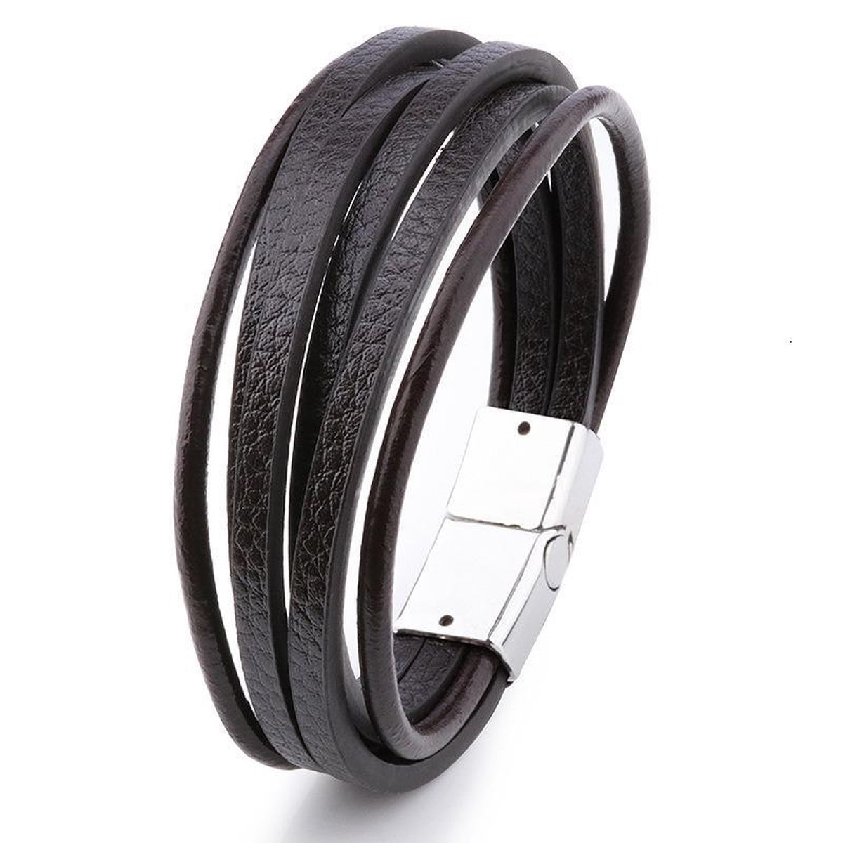 Armband Heren - Bruin Leer met Stalen Sluiting - Leren Armbanden - Papa Cadeau Voor Mannen - Vaderdag