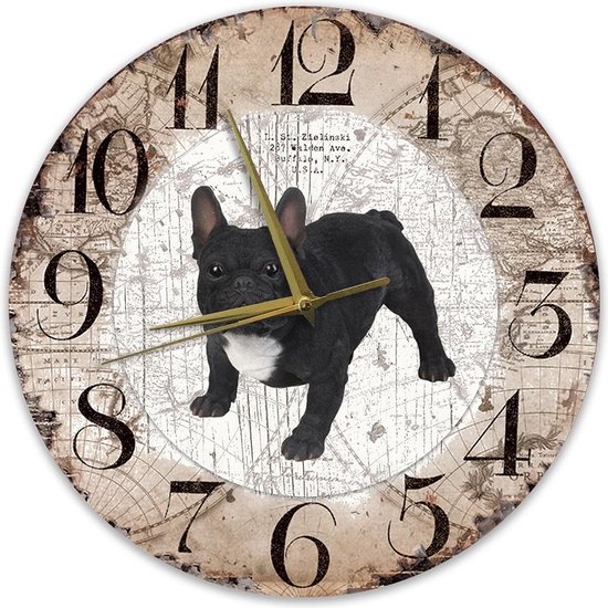 Houten Klok - 30cm - Hond - Buldog zwart