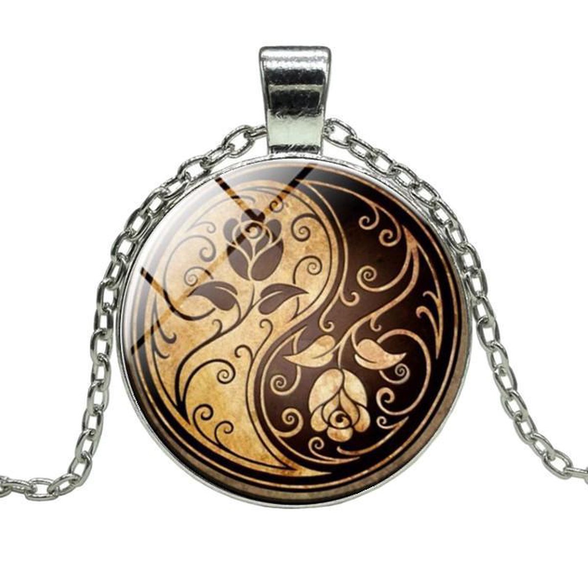 Fako Bijoux® - Ketting - Cabochon - Yin Yang - Bloemen