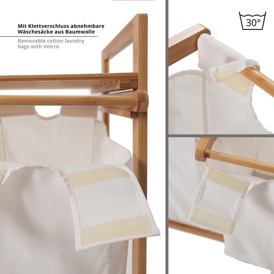 Close-up van bamboe wasmand, met uitleg over afneembare waszakken met klittenband.