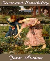 Twee vrouwen in lange jurken, één roze en één blauw, plukken bloemen in een weelderige tuin. Bovenin de titel 'Sense and Sensibility' en onderaan 'Jane Austen'.