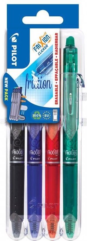 Pilot FriXion - Ensemble de stylos clicker 0,7 mm - Noir, Bleu, Vert, Rouge - emballé par 4