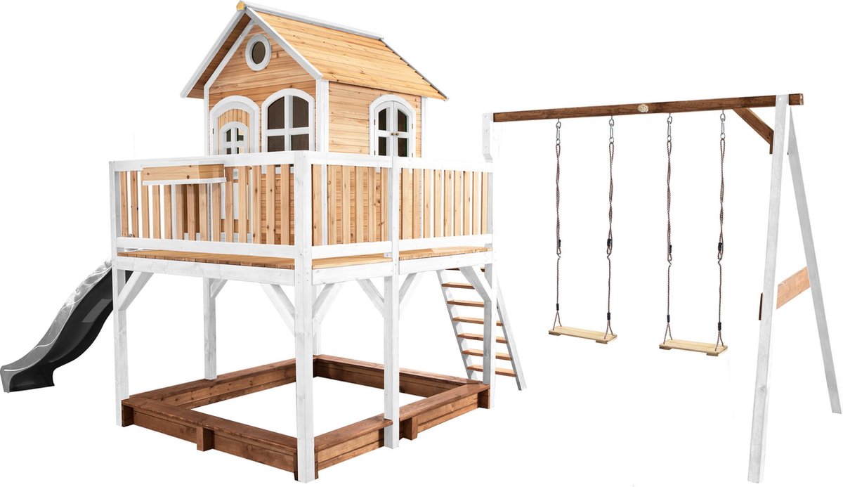 AXI Liam Speelhuis in Bruin/Wit - Met Dubbele Schommel, Grijze Glijbaan en Zandbak - Speelhuisje op palen met veranda - FSC hout - Speeltoestel voor de tuin