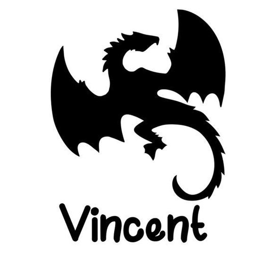 Zwarte draak sticker met de naam Vincent.