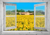 Tuindoek doorkijk - 130x95 cm -  openslaand wit venster  met zonnebloemen  - tuinposter - tuin decoratie - tuinposters buiten - tuinschilderij