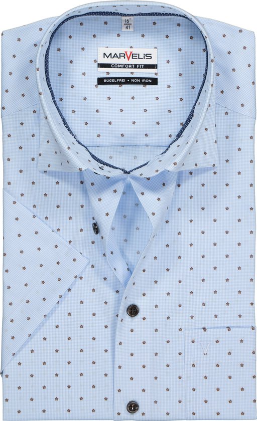 MARVELIS Comfort Fit overhemd korte mouw - lichtblauw met wit geruit met  bruin dessin... | bol