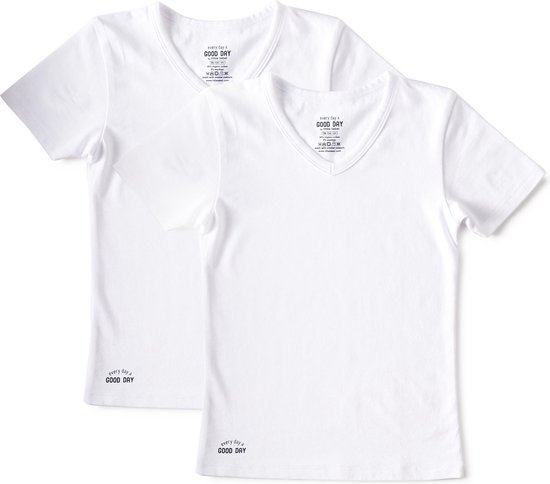 Little Label Ondergoed Jongens - T shirt Jongens Maat 122-128 - Wit - Zachte BIO Katoen - 2 Stuks - V-hals basic T shirt jongens - Wit Ondershirt