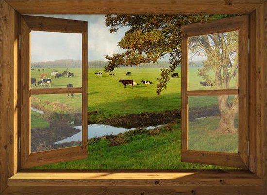 Tuindoek doorkijk - 130x95 cm - openslaand bruin venster naar koeien in landschap - tuinposter - tuin decoratie - tuinposters buiten - tuinschilderij