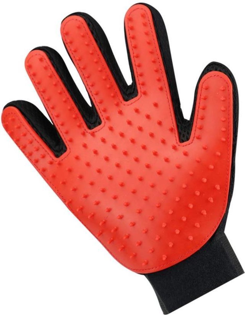 Vachtverzorgingshandschoen - Katten/Hondenborstel - 1 Maat - Rechtshandig - Zwart/Rood