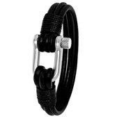 Lucardi - Heren Armband zwart leer harpsluiting mat - Leer - Armband - Cadeau - 19 cm - Zilverkleurig