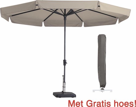 Ecrukleurige ronde parasol van 350 cm met standaard en gratis hoes.