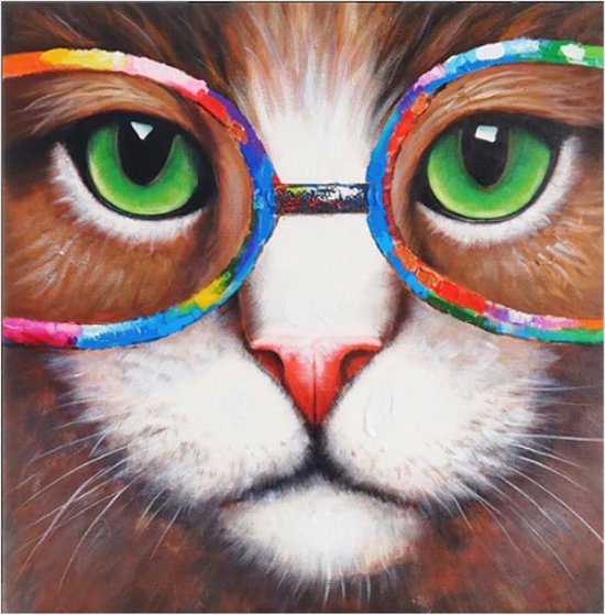 Canvas Schilderij * Kitten - Kat met Kleurige Bril * - Kunst Poster - Dieren - Grafitti - Kleur - 50 x 50 cm