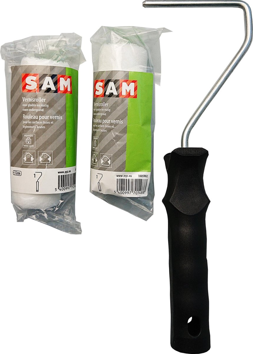 SAM Set voor lak- en verniswerk | Verfbeugel + 2 vernisrollers 12 cm | voor gladde en matig ruwe ondergrond