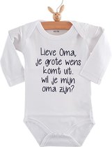 Baby Rompertje met tekst bekendmaking zwangerschap lieve oma je grote wens komt uit wil jij mijn oma zijn ? | lange mouw | wit zwart | maat 74-80|