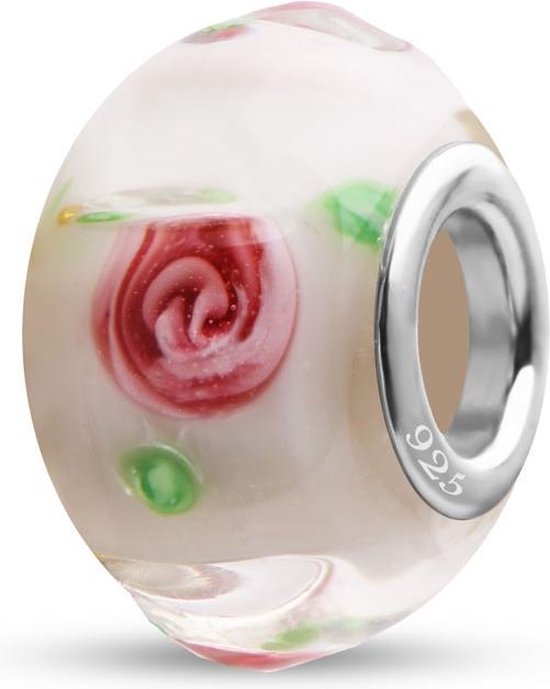 Quiges - 925 - Sterling - zilver - Glazen - Kraal - Bedels - Beads - Wit Bloemvormig met Rozen - Past op je Pandora armband GZ048