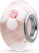 Quiges - Glazen - Kraal - Bedels - Beads Wit met Roze Witte Bloemen Past op alle bekende merken armband NG683
