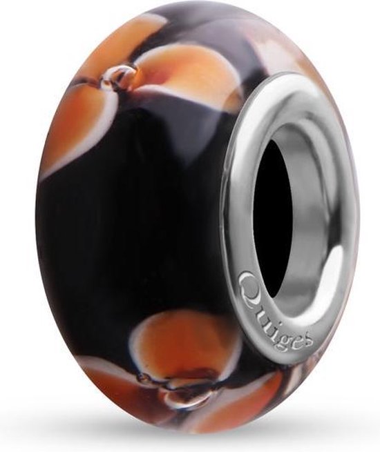Quiges - Glazen - Kraal - Bedels - Beads Zwart met Oranje Witte Bloemen Past op alle bekende merken armband NG654