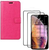 Bookcase Geschikt voor: iPhone XR - roze - Portemonnee hoesje + 2X Full cover Tempered Glass Screenprotector