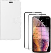 iPhone XR - Bookcase wit - portemonee hoesje + 2X Full cover Tempered Glass Screenprotector