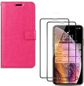 iPhone X / XS - Bookcase roze - portemonee hoesje + 2X Full cover Tempered Glass Screenprotector