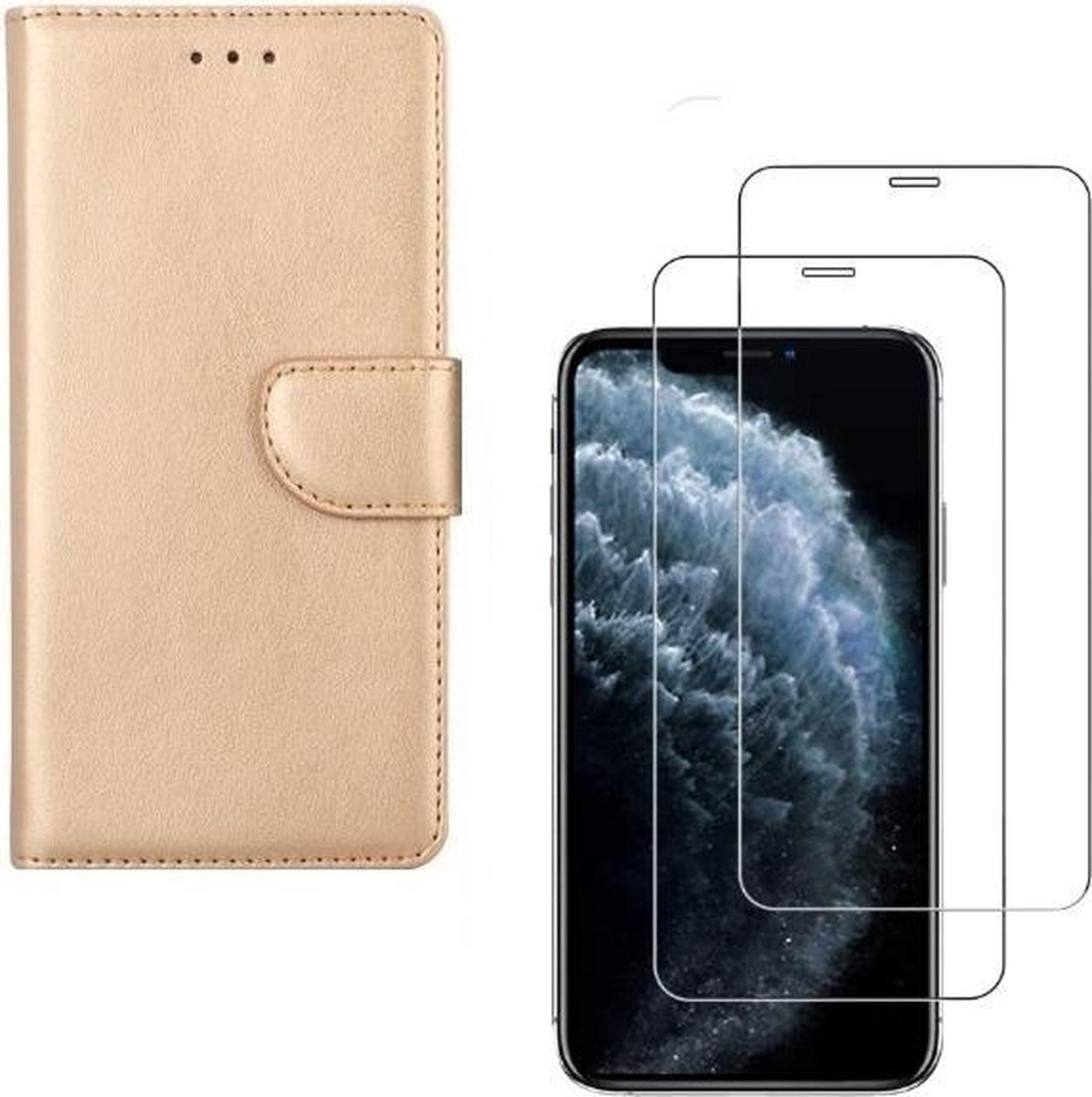 Bookcase Geschikt voor: iPhone XR - goud - Portemonnee hoesje + 2X Tempered Glass Screenprotector