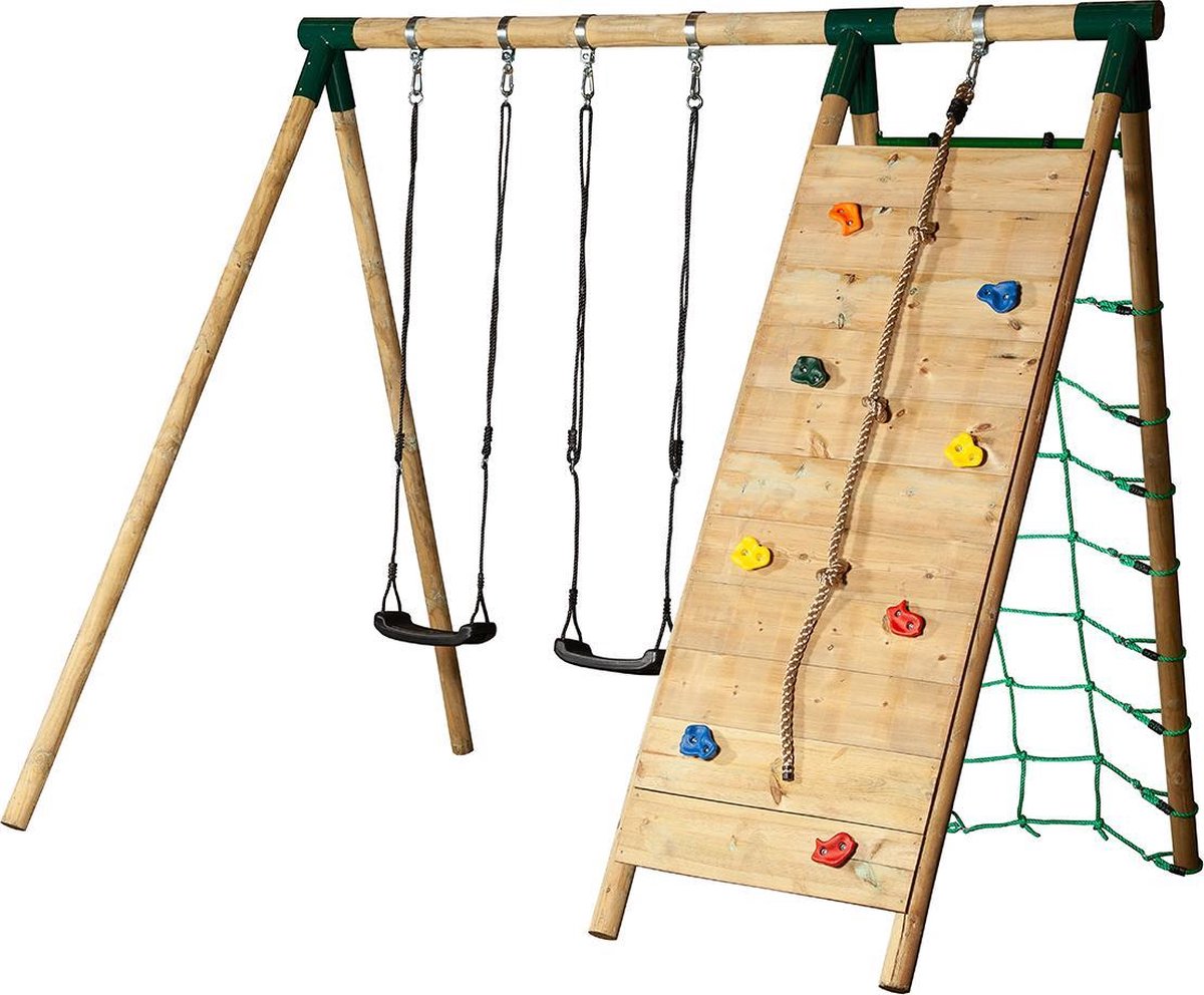 Actie Horby Bruk houtenschommel met klimwand hoog-gratis ringen en klimtouw