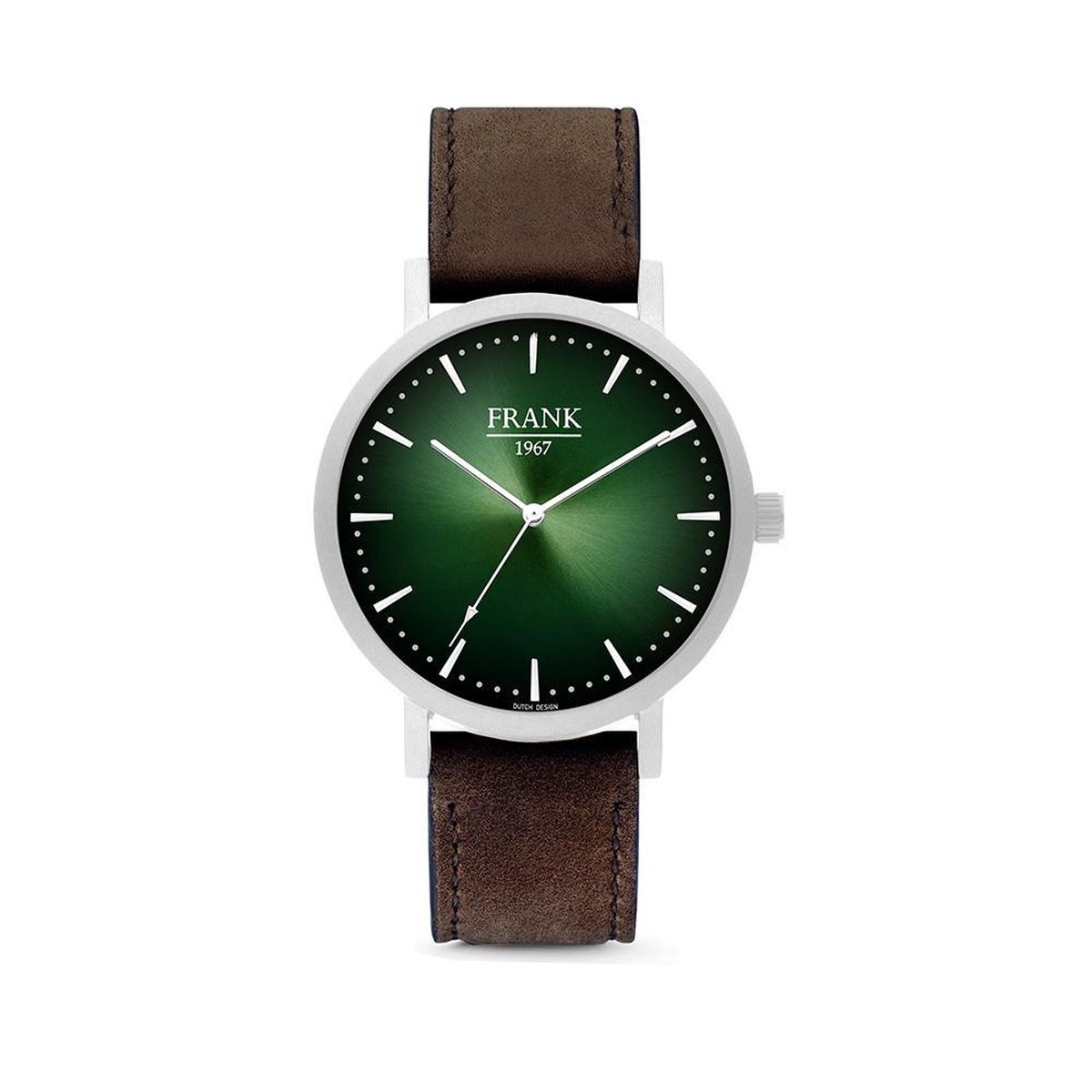 Frank 1967 7FW 0022 Metalen Horloge met Leren Band -Doorsnee 42 mm - Groen- Zilverkleurig