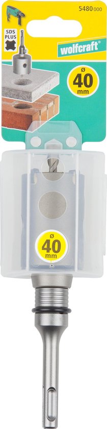 Wolfcraft gatenzaag 40mm SDS plus in verpakking, met afbeeldingen van boren in steen.