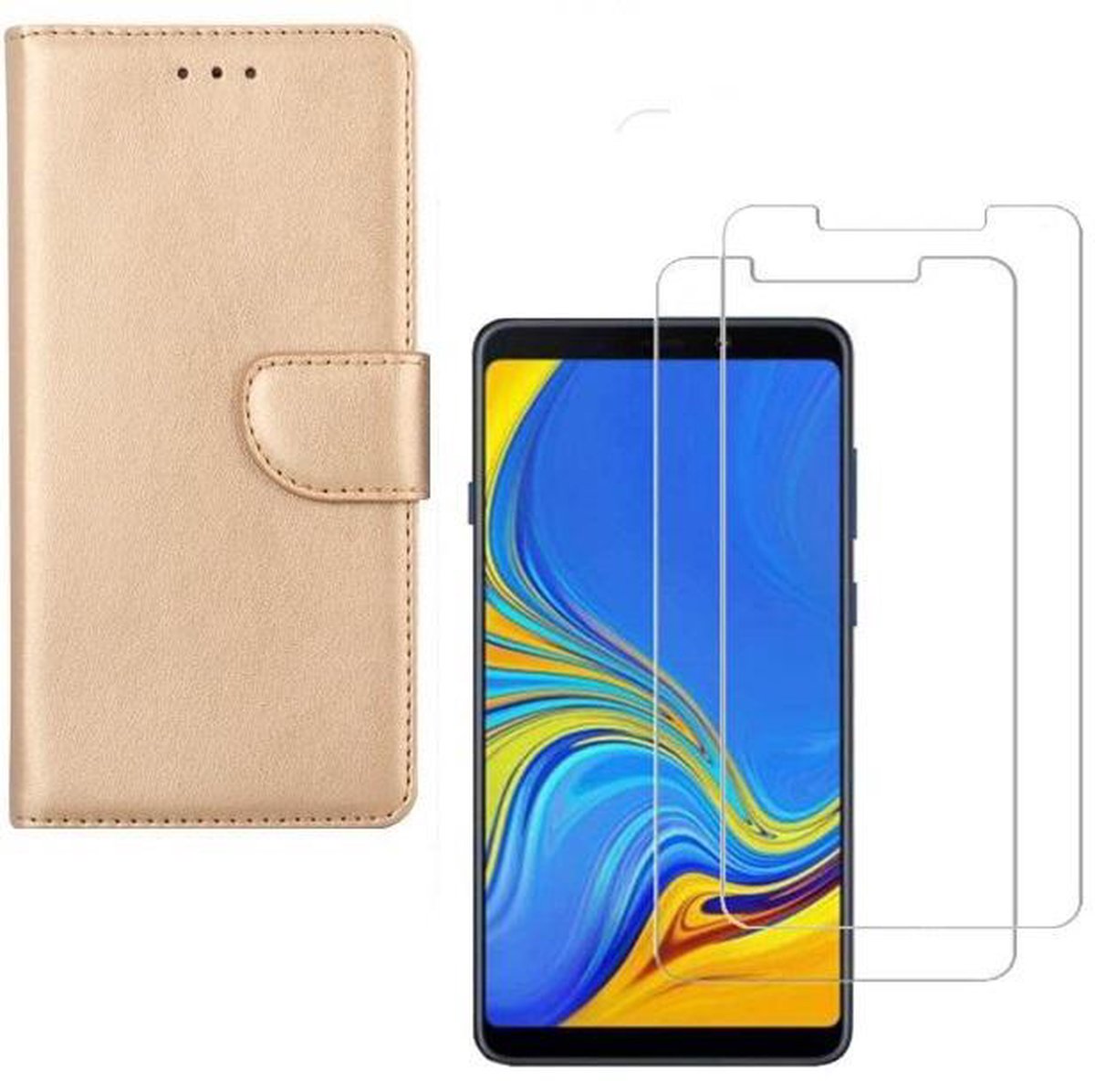 hoesje Geschikt voor: Samsung Galaxy A7 2018 Portemonnee Goud met 2 stuks Glas Screen protector