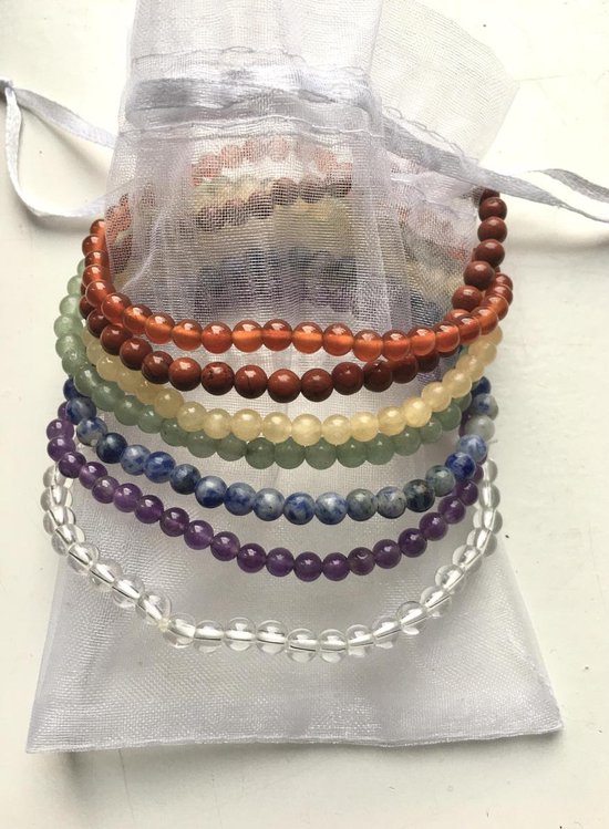 Chakra armbanden set ; jaspis, carneool, gele calciet, aventurijn, sodaliet, amethist, bergkristal