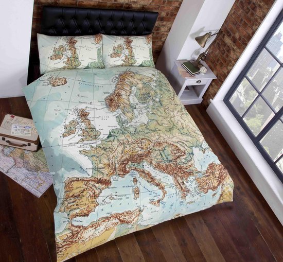Vintage dekbedovertrek - wereldkaart Europa - Lits jumeaux maat met kussenslopen bol.com