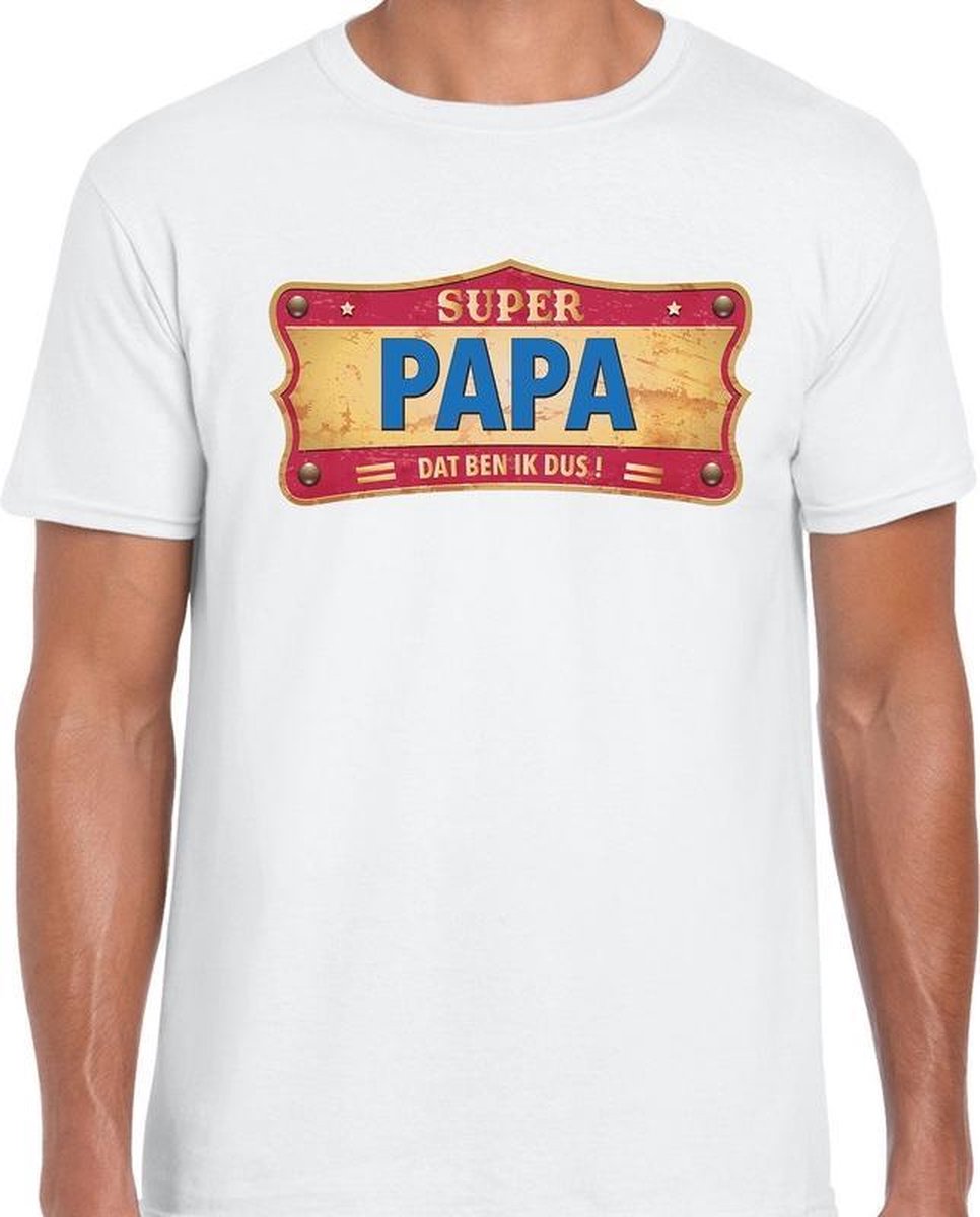 Afbeelding van product Bellatio Decorations  Vintage Super papa cadeau / kado t-shirt wit - voor heren - vaderdag / papa - shirt / kleding XL  - maat XL