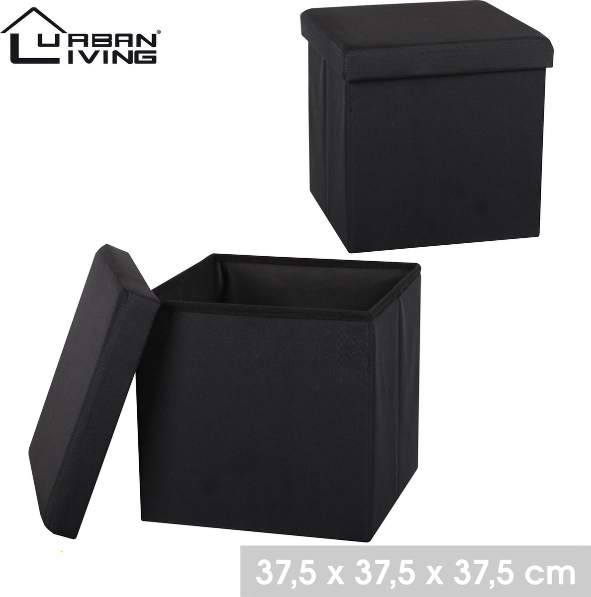 Urban Living KUBE OPVOUWBARE OPBERGPOEF MET STOFFEN BEKLEDING ZWART 37,5 x 37,5 x H37,5 CM