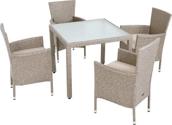 Casaria Polyrattan Tuinset - 4 Stoelen & Tafel 90x90 cm - Beige Grijs