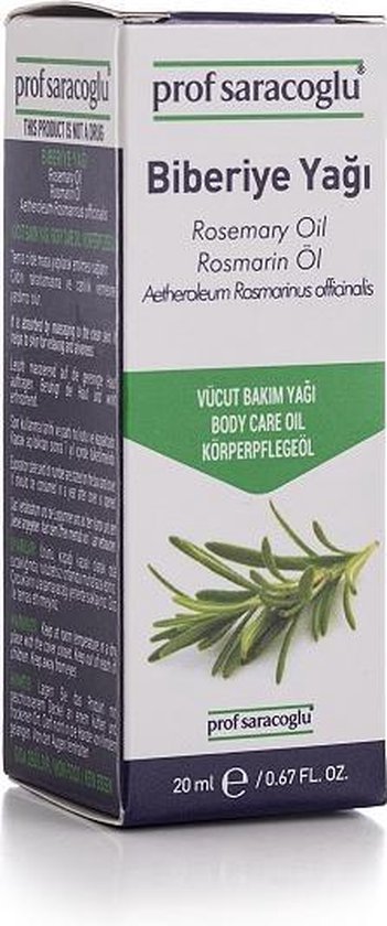 Papieren doos met de tekst 'prof saracoglu Biberiye Yağı Rosemary Oil' en een takje rozemarijn.