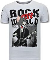 Stoere T-Shirt Heren - Rock My World Cat - Wit