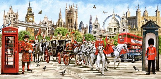 Paardenkoets met koninklijke garde in Londen, met rode telefooncel en dubbeldekkerbus.
