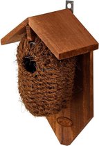 Houten vogelhuisje/nestbuidel kokos 26 cm - Vogelhuisjes tuindecoraties - Winterkoning nestje
