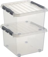 2x Sunware Q-Line opberg boxen/opbergdozen met wieltjes 26 liter  40 x 40 x 28 cm kunststof - Vierkante opslagbox - Opbergbak kunststof transparant/zilver