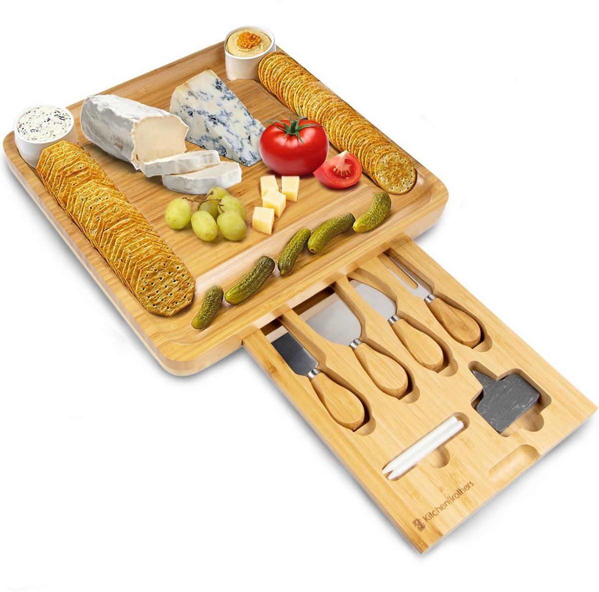 KitchenBrothers Borrelplank - Tapasplank - Uitschuifbaar - Kaasplank - Complete Set met Messen - Bamboe - KitchenBrothers