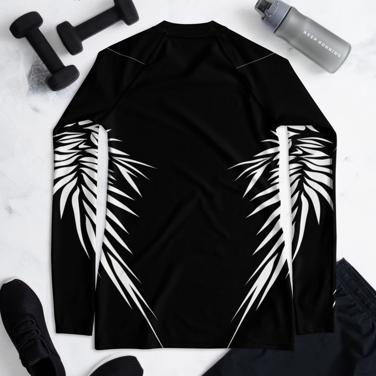 Rashguard - design Yin Yang Power Up - Dry Fit - High Performance - 4way stretch - unieke print - UPF 50+ - Hardloop - Yoga - Fitness - Dans  - Pilates - Training – Shirt Long Sleeve - dames – zwart wit - maat L