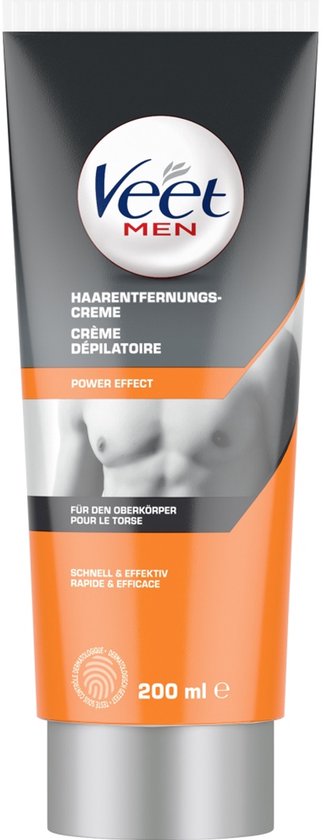 Veet Men ontharingscrème tube. Zwart, oranje en grijze tinten, met afbeelding van mannelijk torso. 200ml.