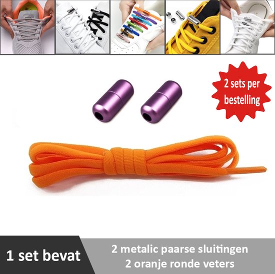 2 paar oranje ronde elastische veters met metalic paarse sluitingen. Je hoeft voortaan. bol