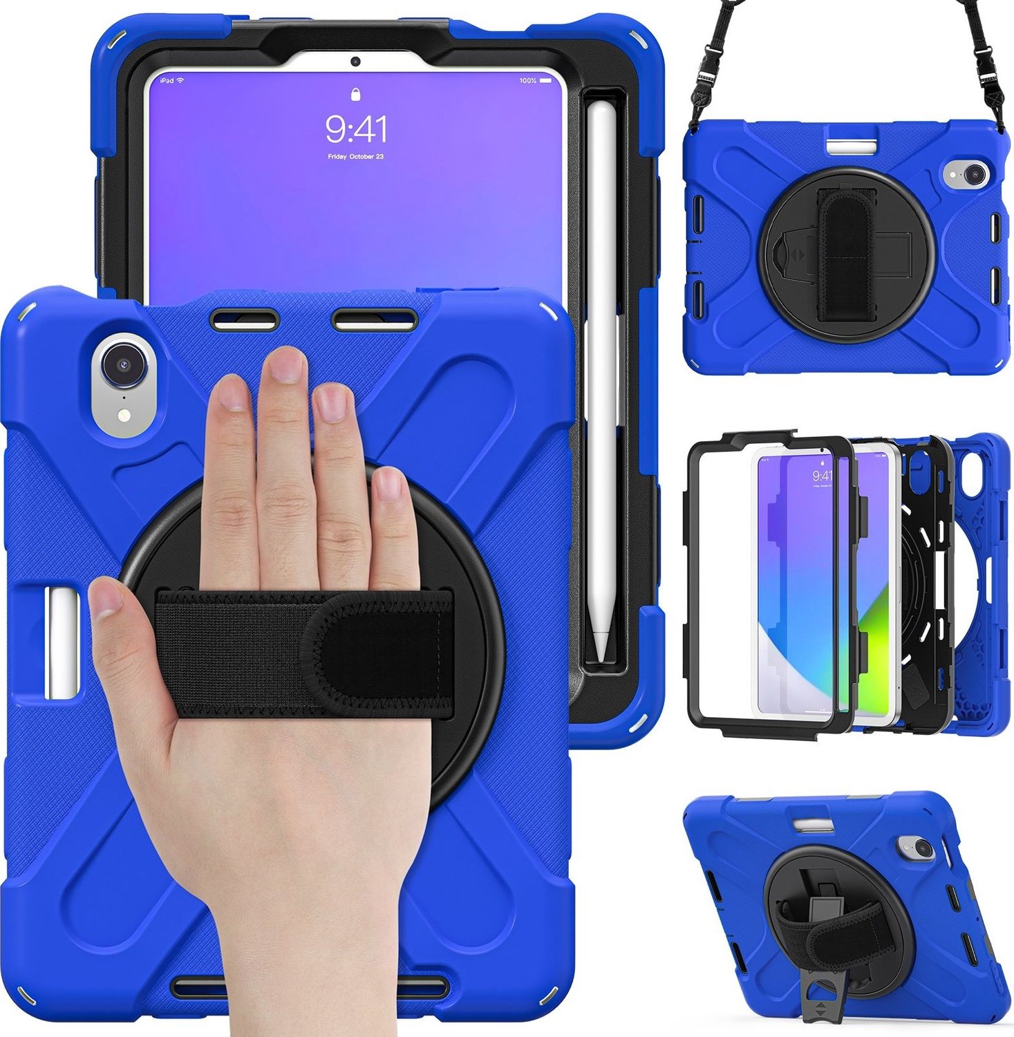 Mobigear SureGrip XGuard - Apple iPad Mini 6 (2021) Hardcase Backcover + Stylus Houder + Schouderband + Standaard - Blauw